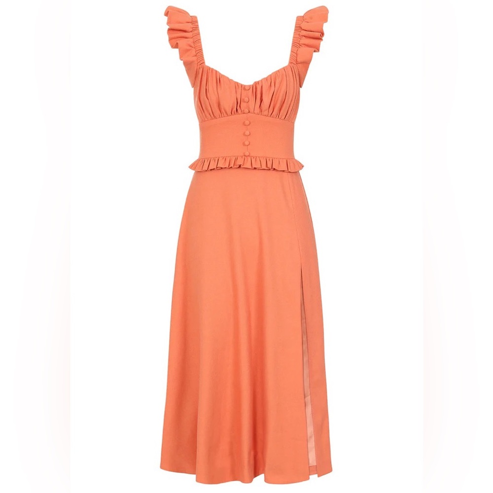 Lavish Alice: Ruffled Tie Back Garden Spring Midi Dress in Coral Linen Blend - Picture 5 of 16